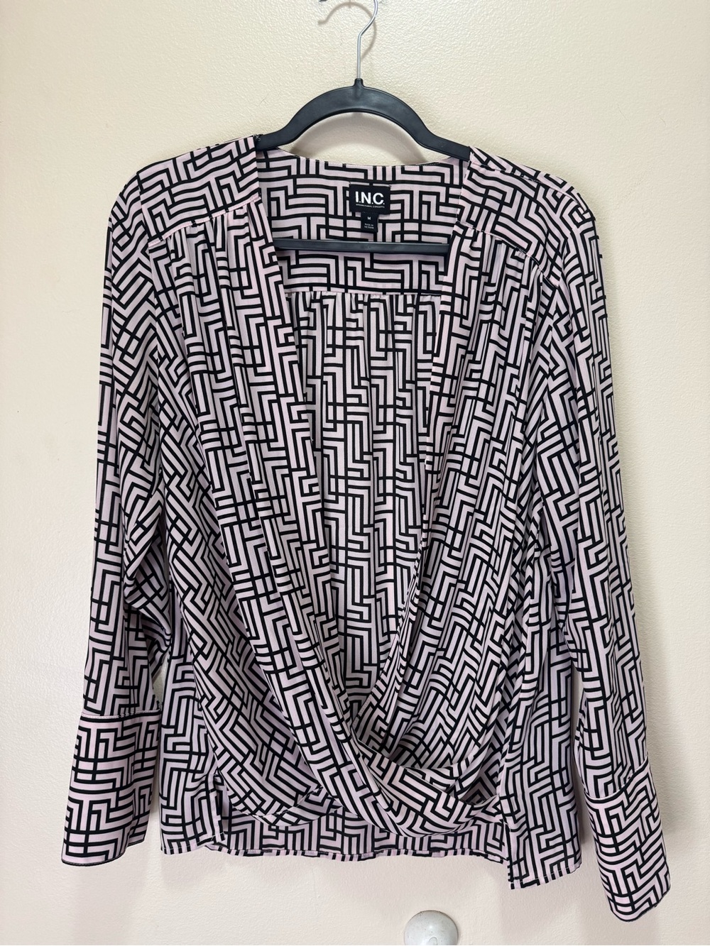 INC International Concepts Black and Pink Geometric Faux-Wrap Blouse